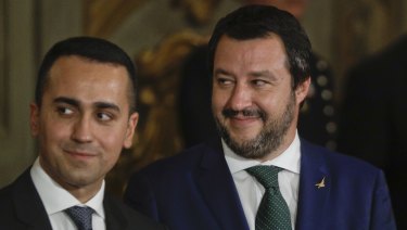 Leader of the League party, Matteo Salvini, right, stands by Luigi Di Maio, leader of the Five-Star movement, prior to their swearing-in ceremony.