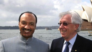 Frank Lowy with then Asian Football Confederation president Mohamed bin Hammam in 2011.