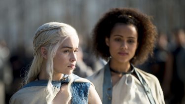 Getting down to the tiring business of ruling Meereen ... Emilia Clarke as Daenerys Targaryen in Game of Thrones.