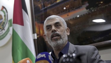 Yehiyeh Sinwar, the Hamas militant group's leader in the Gaza Strip, speaks to foreign correspondents, in his office in Gaza City.