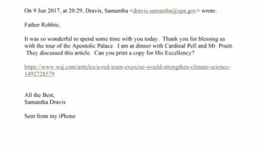 Emails obtained by the New York Times under Freedom of Information detailing a Rome dinner attended by Scott Pruitt and George Pell.