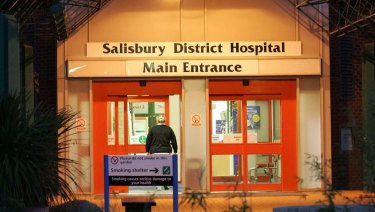 The main entrance of Salisbury District Hospital, England, where a former Russian spy is in critical condition after coming into contact with an "unknown substance." 