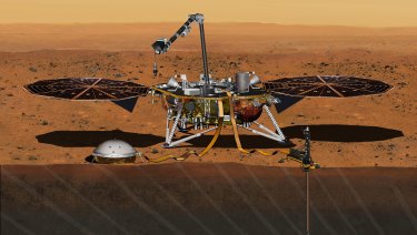 An artist's rendering of the InSight Mars lander studying the interior of Mars. The spacecraft was first scheduled to launch in March 2016.
