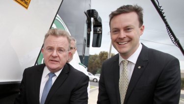 Chris Crewther (right) campaigning as a candidate  with former Dunkley MP Bruce Billson.