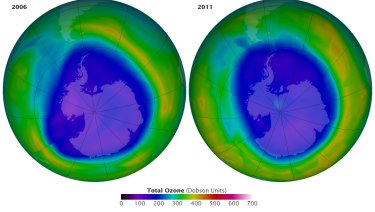 The ozone layer above Antarctica, with dark blue gradient indicating depleted ozone levels.