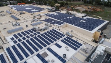 A drone view of solar panels on Stockland's Wetherill Park.