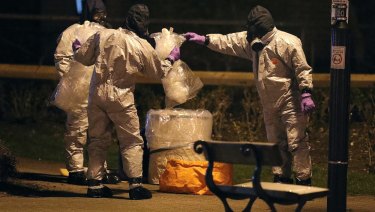 Investigators in protective suits at the scene of the nerve agent attack in Salisbury, believed to have been an assassination attempt by the Russian state.