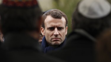 French President Emmanuel Macron attends Mireille Knoll's funeral on Wednesday.