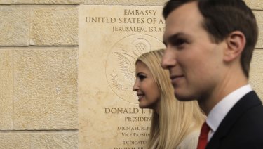 US President Donald Trump's daughter Ivanka, left, and White House senior adviser Jared Kushner attend the opening ceremony of the new American embassy in Jerusalem on Monday.