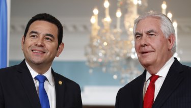 Then-US Secretary of State Rex Tillerson  with Guatemalan President Jimmy Morales at the State Department in Washington in February.