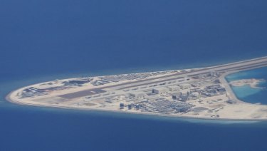 An airstrip, structures and buildings on China's artificial Subi Reef in the Spratly chain of islands in the South China Sea.