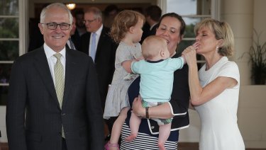 Malcolm Turnbull, Kelly O'Dwyer and Julie Bishop with Ms O'Dwyer's children Olivia and Edward.