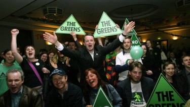 Pictured with supporters, David Risstrom was a Victorian Senate candidate for the Greens in 2004. 