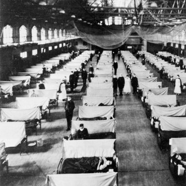 Flu patients at a converted gym.