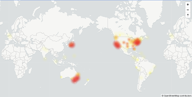 An online outage tracker shows the countries experiencing no access to Outlook Express at 10am AEST.