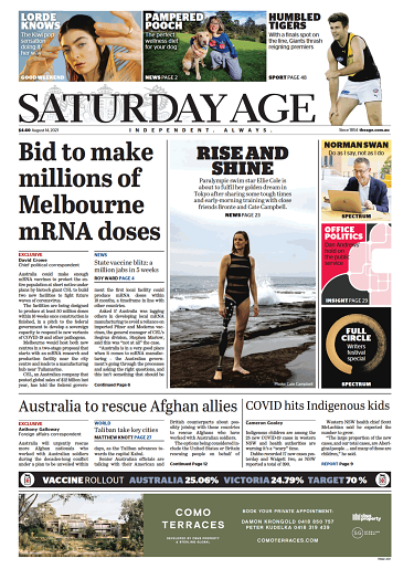 Saturday’s front page of The Age