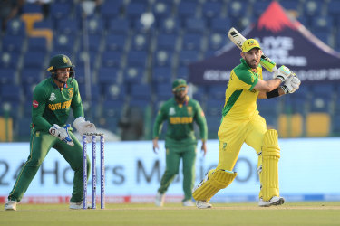 Glenn Maxwell  of australia playing a shot during the 2021 ICC T20 World Cup match against South Africa.