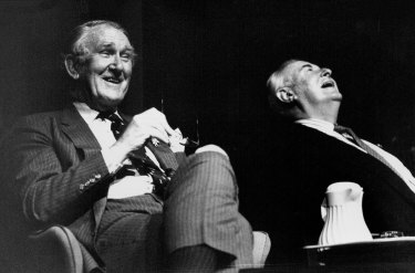Gough Whitlam and Malcolm Fraser share a laugh at the “Maintain The Rage - Over Fairfax” rally on October 28, 1991.