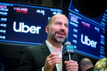 Dara Khosrowshahi, chief executive officer of Uber speaks on a webcast during the company's initial public offering (IPO) in New York. 