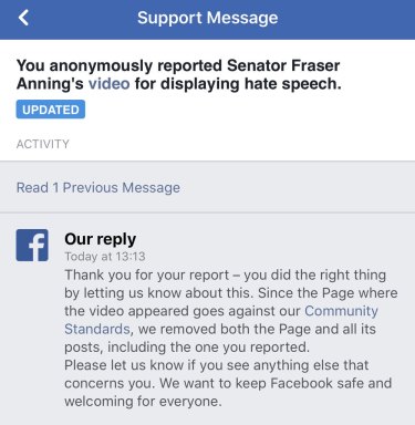The message a Facebook user received more than a week after reporting one of Senator Fraser Anning's posts. 