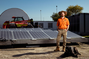 Chris McGrath, 5B co-founder and chief executive, stands in front of one of his firmâ€™s hinged, solar arrays at a site at Kurnell on Sydneyâ€™s south.