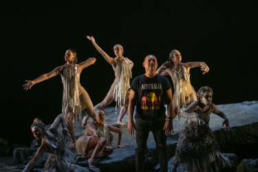 Bangarra Dance Company’s artistic director Stephen Page and performers during rehearsals for Wudjang at Roslyn Packer Theatre. 