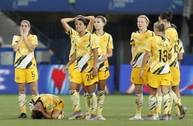 The disappointed Matildas react after losing the penalty shootout to Norway.