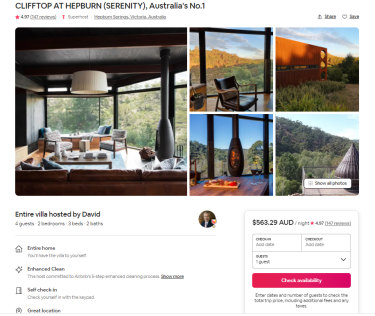 The Airbnb listing for Clifftop at Hepburn.