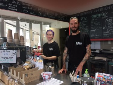 Adam Gibson, NSW development and operations manager of Whitelion with cafe manager Christie White in the charity's cafe.