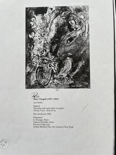 Sotheby's auction catalog identifying the page from the 1994 catalog on which the work was advertised, a signed watercolor and gouache on paper entitled Le couple au bouquet de fleurs.