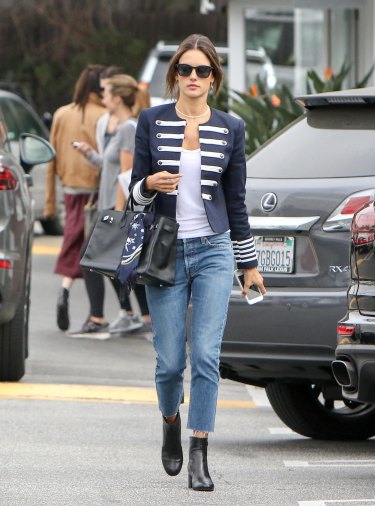 Alessandra Ambrosio does the Sergeant Pepper jacket.
