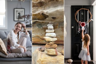 Interior stylist Sibella Court, left, loves using easily found materials from nature, like rocks and wood to decorate. Getting your kids to collect them - her daughter Silver is pictured right, at the age of 4 - helps, too.