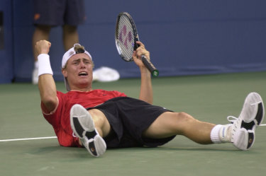 Lleyton Hewitt celebrates defeating Sampras at the US Open.