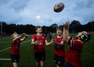 Easts Junior Beasties RUFC players Charlie Hourigan, Remy Scott, Felix Connor and Ceilim O’Kelly at training in Rose Bay.