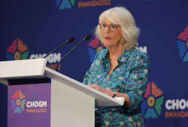 Camilla, Duchess of Cornwall speaks at the Violence Against Women and Girls event at the Kigali Convention Center in Rwanda.