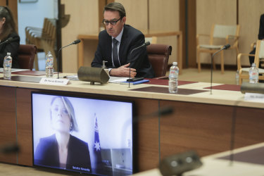 Treasury secretary Steven Kennedy takes a question from Labor's Kristina Keneally via the internet during a Senate hearing. 