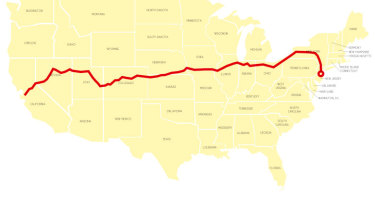 The author's route by rail across the United States. 