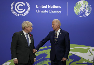 Britain’s Prime Minister Boris Johnson welcomes US President Joe Biden to the UN climate summit in Glasgow.
