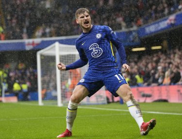 Chelsea’s Timo Werner celebrates after scoring his side’s second goal.