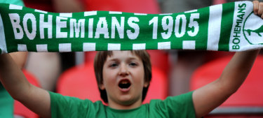 A young Bohemians 1905 fan shows his support during the Czech First League match between Bohemians 1905 and FK Mlada Boleslav.