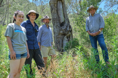 New ICA boss Andrew Hall (third from left) with Taylor Clarke, Harry Burkitt from the Colong Foundation for Wilderness, with ICA’s Sean Gordon (right) beside a scar tree in an area likely to face inundation if the Warragamba Dam wall is raised.
