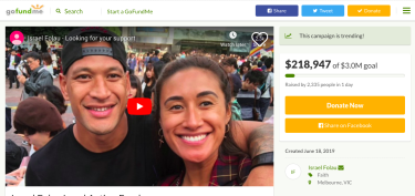 A screenshot of Israel Folau's GoFundMe page just after midday on Friday, 12 hours after the site went live. 