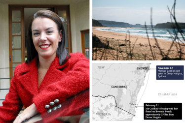 Melissa Caddick’s foot was found on Bournda Beach.