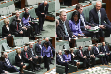 Changing seats: As Peter Dutton approaches, Julia Banks moves to sit closer to Malcolm Turnbull during a division last Thursday, the day before Mr Turnbull lost the prime ministership.