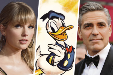 Which one of these doesn’t belong? Do<em></em>nald Duck, centre, has been far more effective at advocating for cultural change than fellow activists, from left, Taylor Swift and George Clooney.   