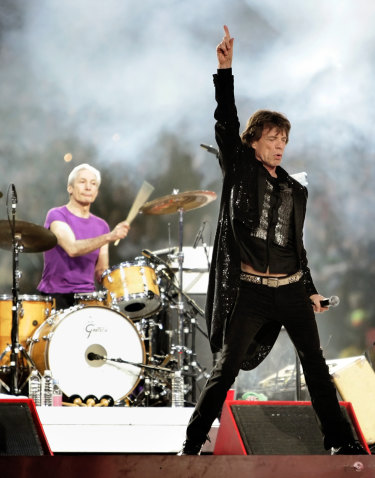 Charlie Watts and Mick Jagger perform at the Super Bowl in the US in 2006.