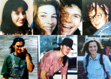 The backpackers murdered by Ivan Milat. Pictured are (from top L to R) Deborah Everist, Anja Habschied, Gabor Neugebauer, Simone Schmidl; (bottom L to R) Joanne Walters, James Gibson, and Caroline Clarke. 