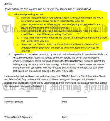 The NRL's vaccination waiver form. Highlighted are the clauses some players have scored out before signing.