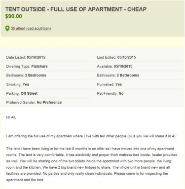 The Gumtree advertisement searching for people to live in a tent for $90 a week.