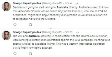 A call out to Australia. Tweets from an account purportedly belonging to George Papadopoulos, a one-time adviser to the Donald Trump campaign.